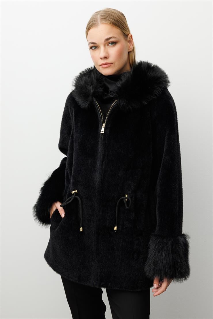 Modailgi  Yaka ve Kol Manşeti Kürklü Fermuarlı Alcantara Kaban Siyah