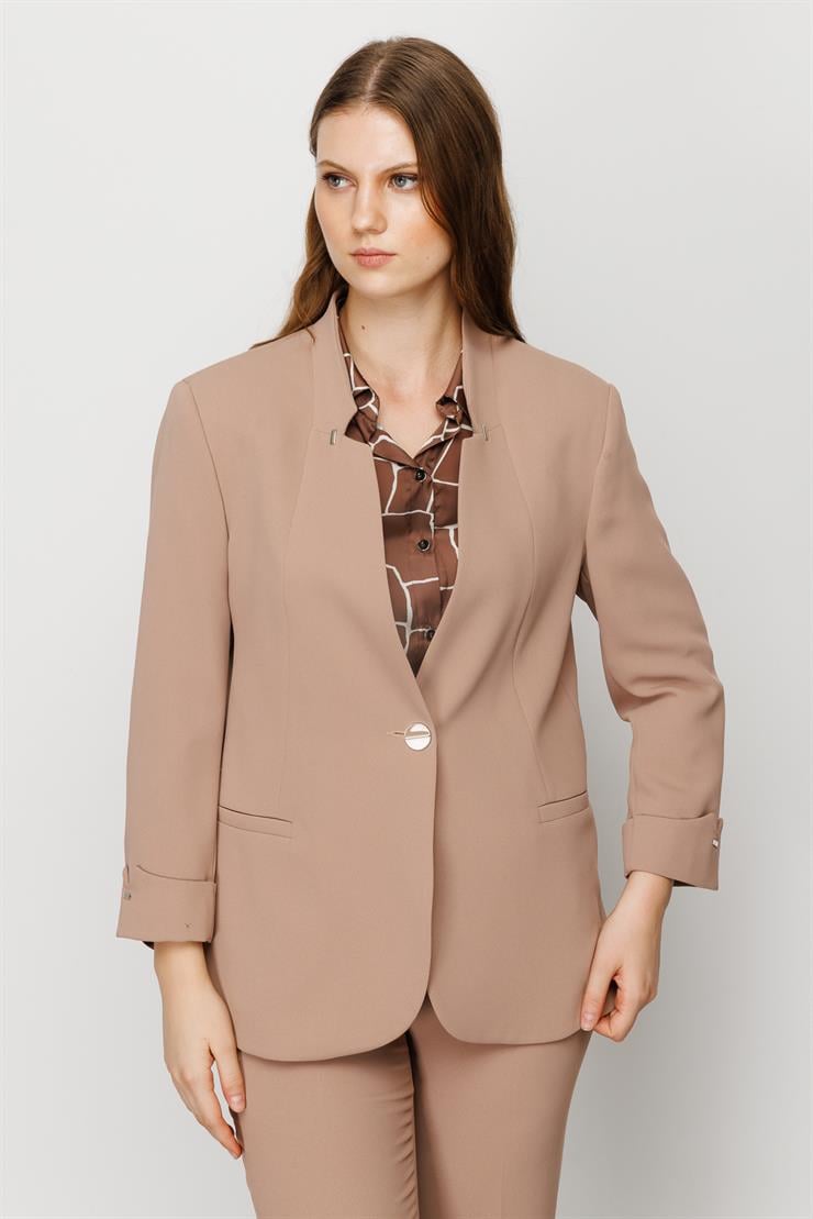 Modailgi  Yaka ve Kol Manşeti Zımbalı Ceket Camel