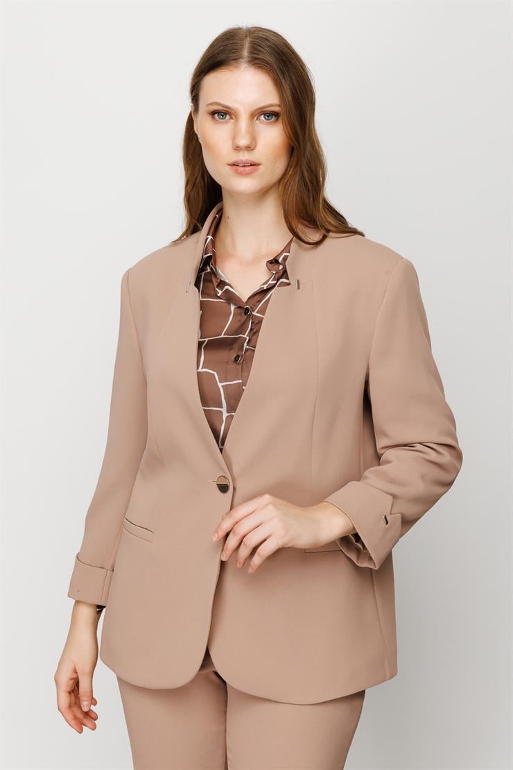 Modailgi  Yaka ve Kol Manşeti Zımbalı Ceket Camel