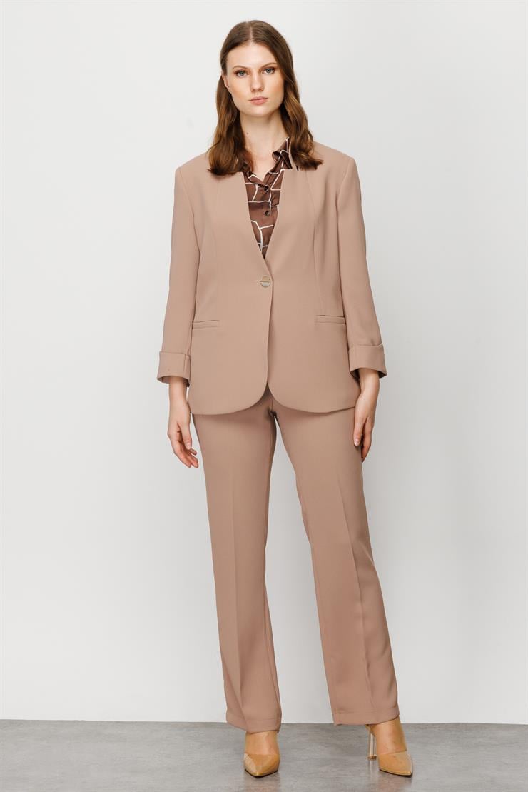 Modailgi  Yaka ve Kol Manşeti Zımbalı Ceket Camel