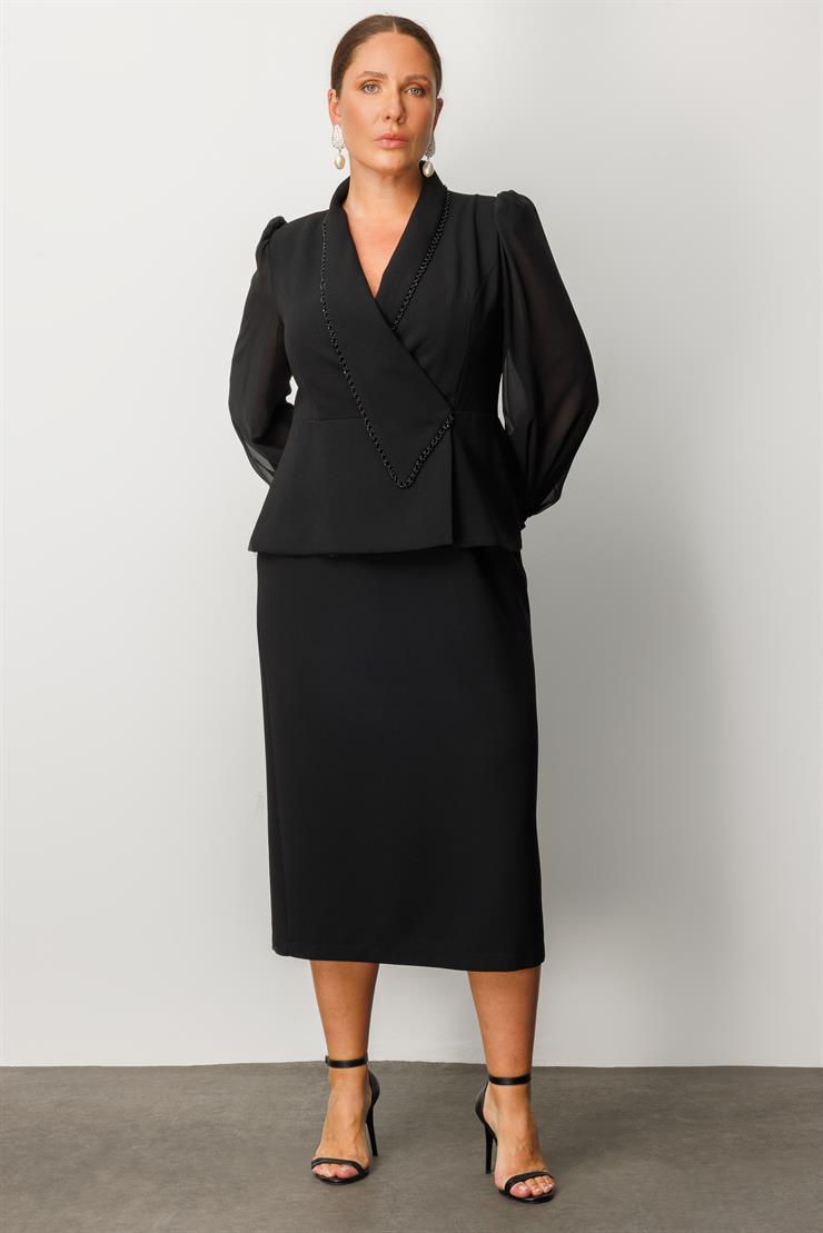 Modailgi  Yakası Aksesuar İşlemeli Kolları Şifon Kruvaze Elbise Siyah