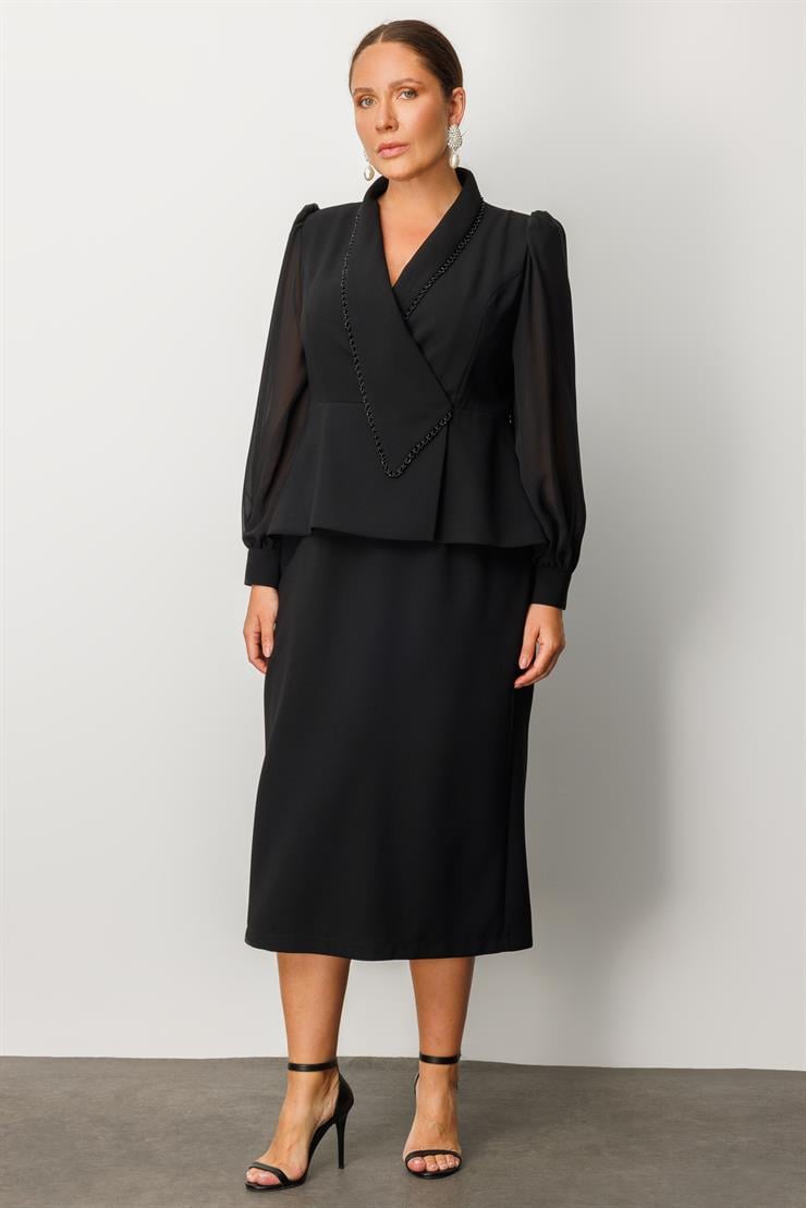Modailgi  Yakası Aksesuar İşlemeli Kolları Şifon Kruvaze Elbise Siyah