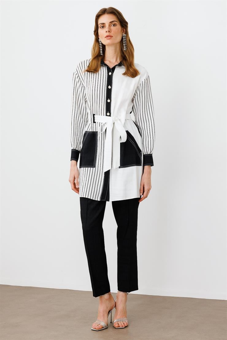 Modailgi  Yakası Aksesuarlı Belden Kuşaklı Torba Cepli Çizgili Tunik Ekru