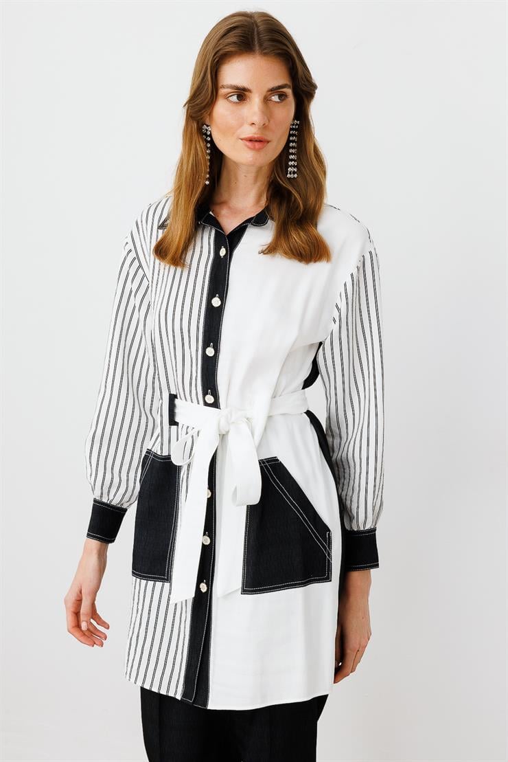 Modailgi  Yakası Aksesuarlı Belden Kuşaklı Torba Cepli Çizgili Tunik Ekru