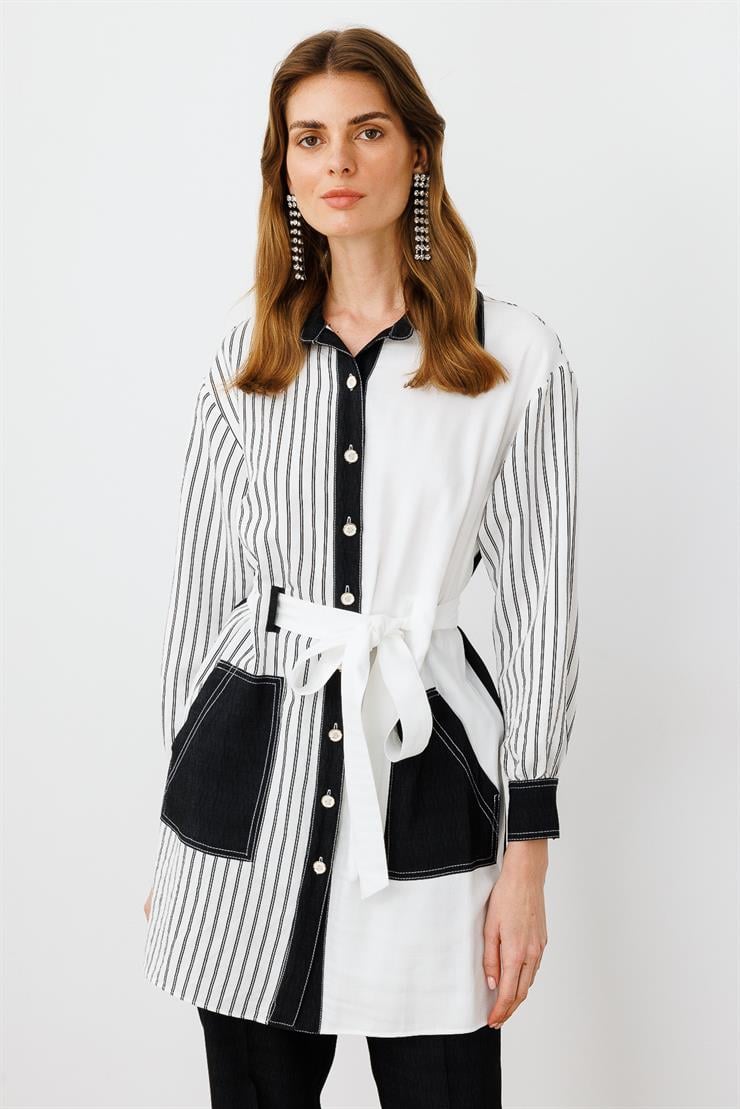 Modailgi  Yakası Aksesuarlı Belden Kuşaklı Torba Cepli Çizgili Tunik Ekru