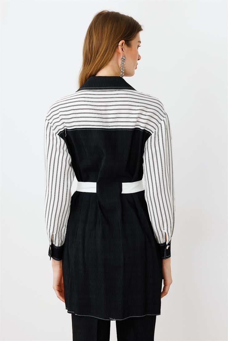 Modailgi  Yakası Aksesuarlı Belden Kuşaklı Torba Cepli Çizgili Tunik Ekru
