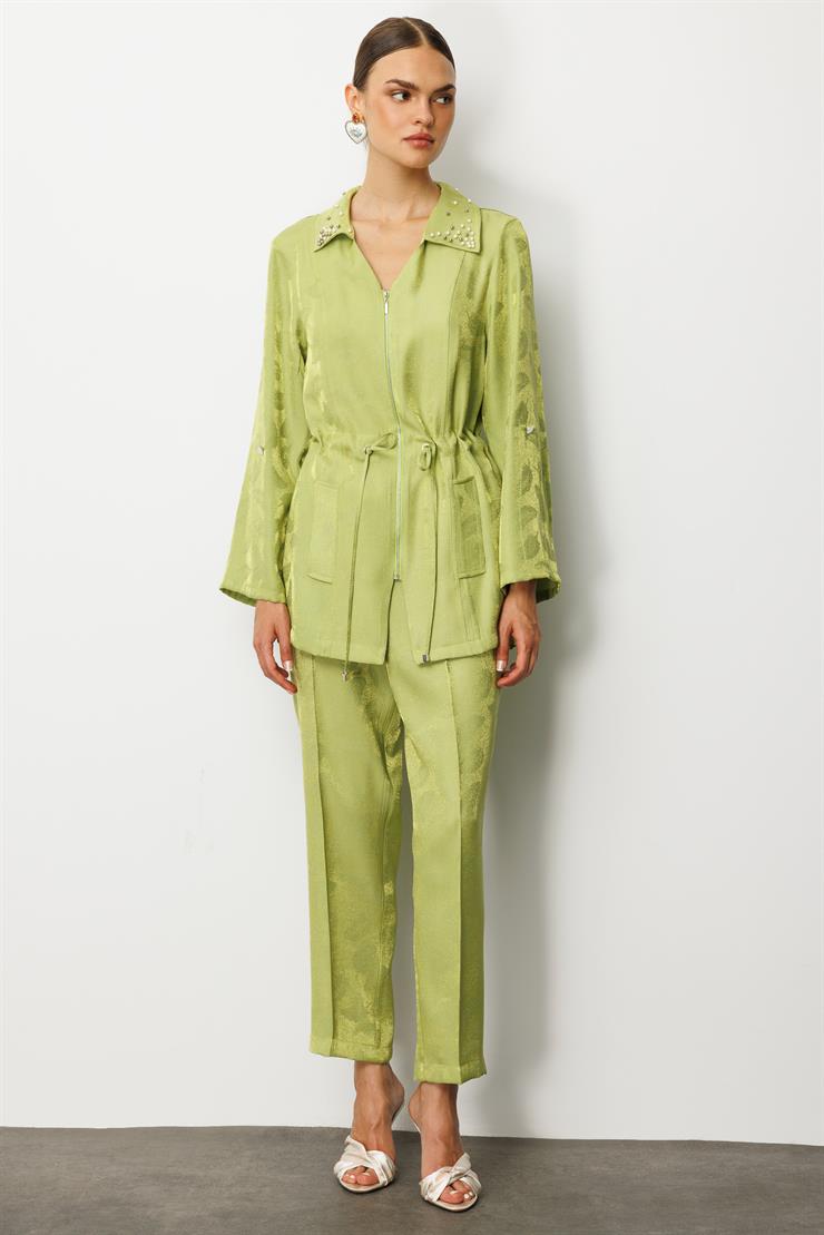 Modailgi  Yakası Akseuar Detaylı Safari Kol Fermuar Kapamalı Tünel Bağlamalı Ara Boy Tunik Yeşil