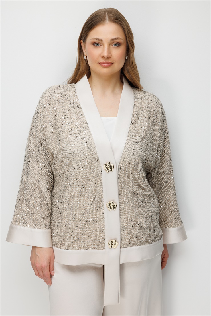 Modailgi  Yakası Asimetrik Pullu File Kumaş Ceket - 30124 Taş