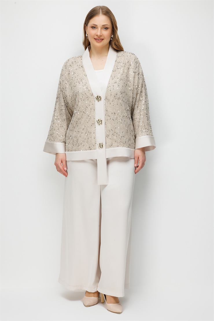 Modailgi  Yakası Asimetrik Pullu File Kumaş Ceket - 30124 Taş