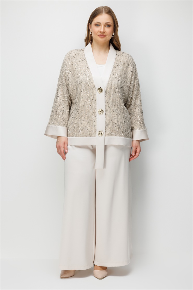 Modailgi  Yakası Asimetrik Pullu File Kumaş Ceket - 30124 Taş