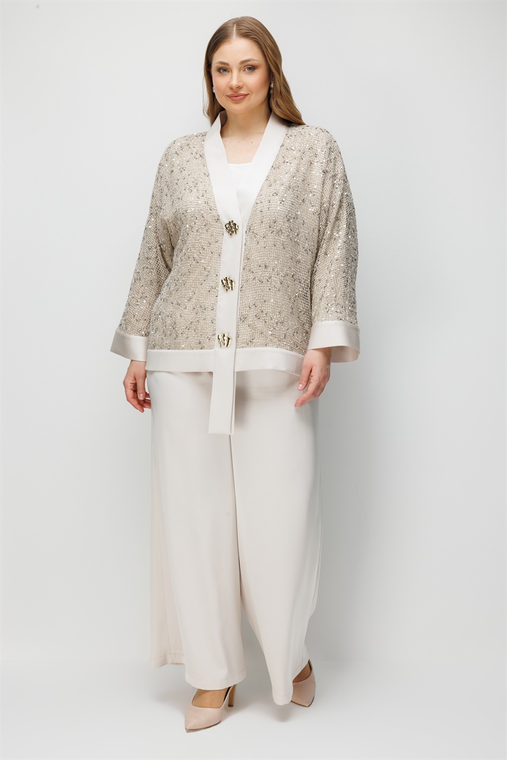 Modailgi  Yakası Asimetrik Pullu File Kumaş Ceket - 30124 Taş