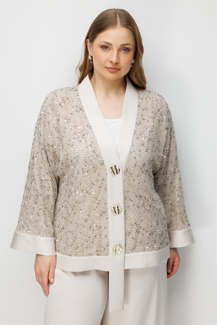 Modailgi  Yakası Asimetrik Pullu File Kumaş Ceket - 30124 Taş