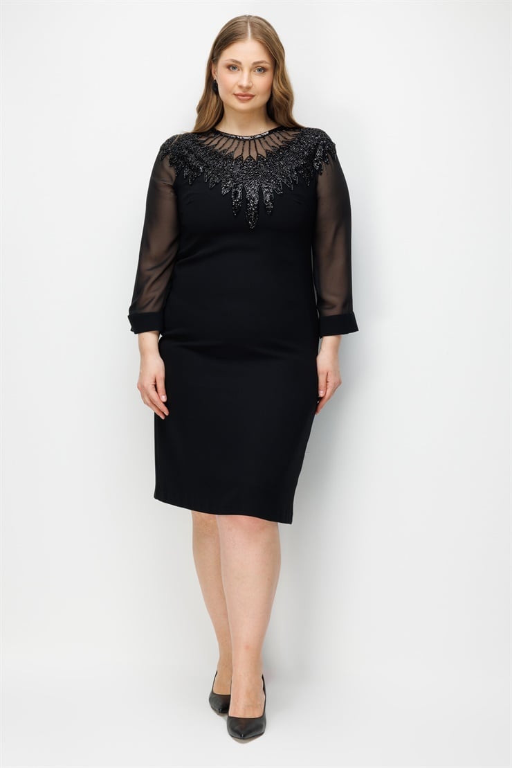 Modailgi  Yakası Boncuk İşlemeli Evaze Kol Elbise Siyah