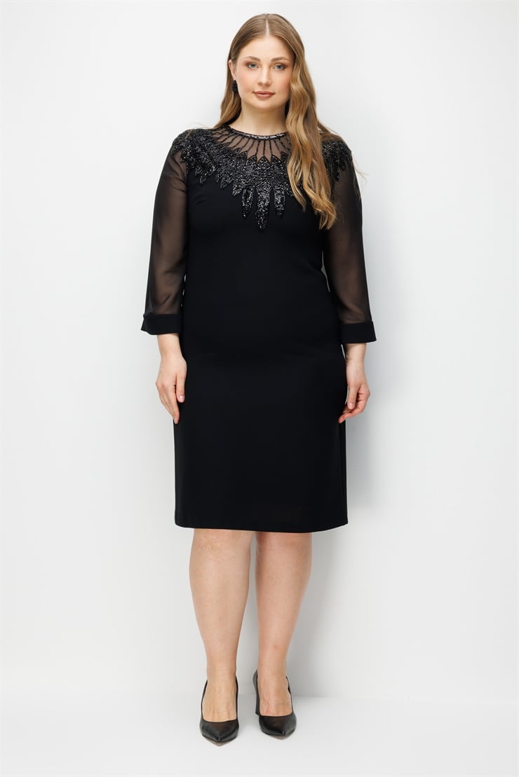 Modailgi  Yakası Boncuk İşlemeli Evaze Kol Elbise Siyah