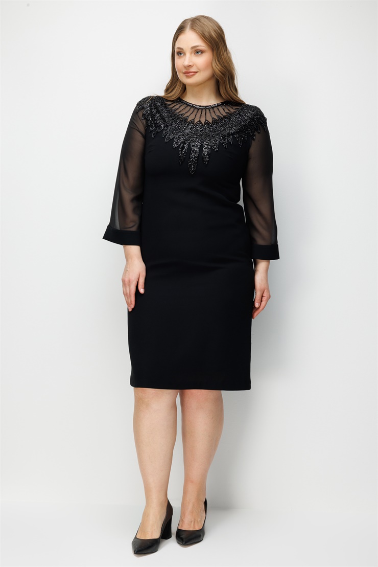 Modailgi  Yakası Boncuk İşlemeli Evaze Kol Elbise Siyah
