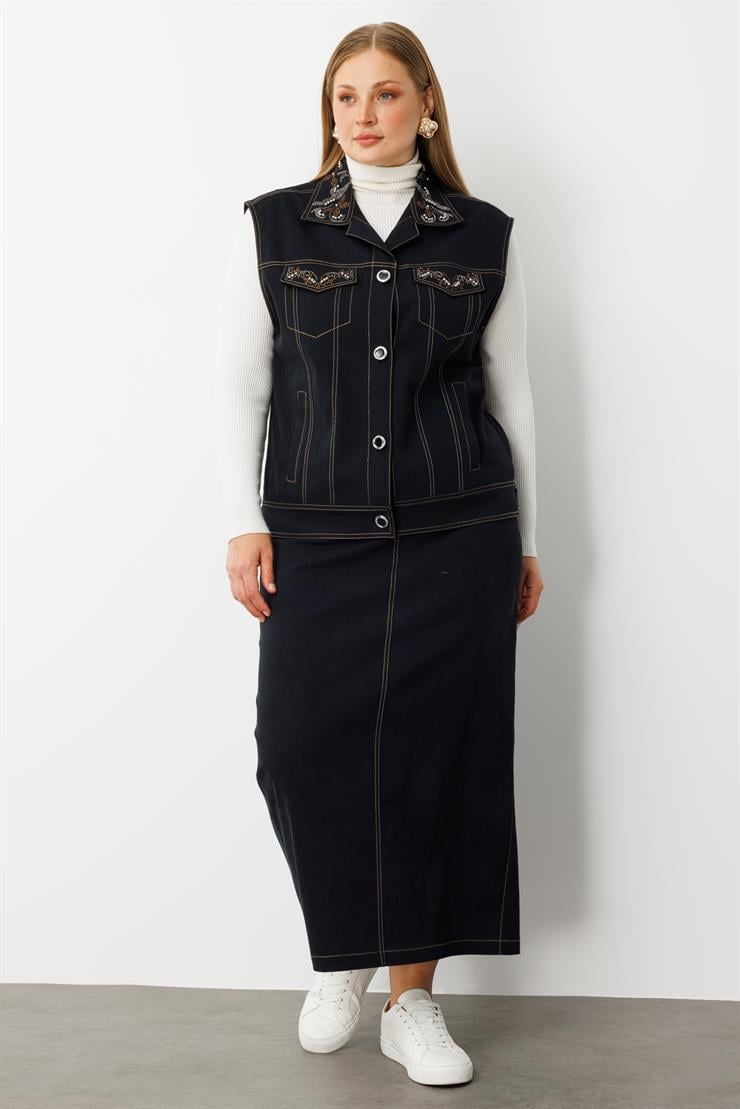 Modailgi  Yakası Cep Kapaklı Taş Detaylı Önü Düğmeli Denim Yelek - 20004 Lacivert