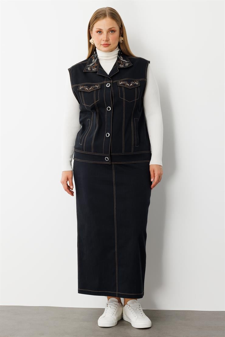 Modailgi  Yakası Cep Kapaklı Taş Detaylı Önü Düğmeli Denim Yelek - 20004 Lacivert