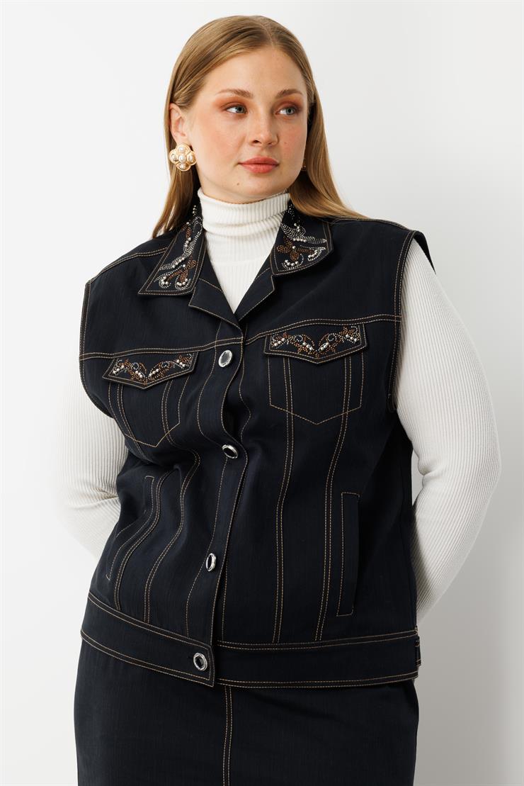 Modailgi  Yakası Cep Kapaklı Taş Detaylı Önü Düğmeli Denim Yelek - 20004 Lacivert