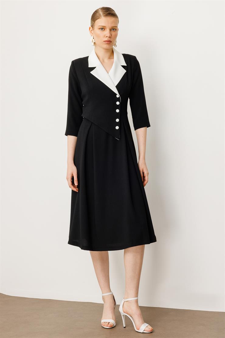 Modailgi  Yakası Ekru Kombinli Pile Detaylı Elbise Siyah