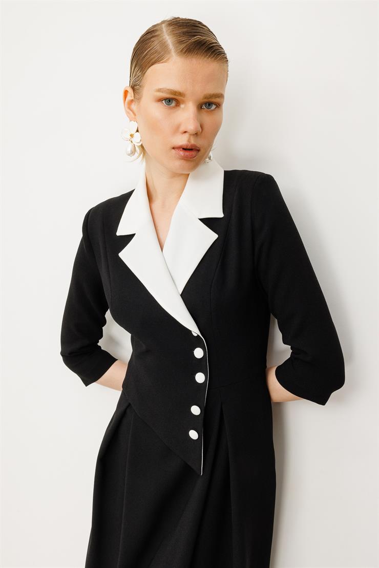 Modailgi  Yakası Ekru Kombinli Pile Detaylı Elbise Siyah