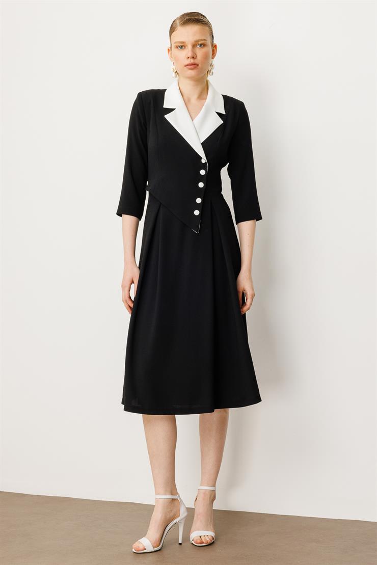 Modailgi  Yakası Ekru Kombinli Pile Detaylı Elbise Siyah