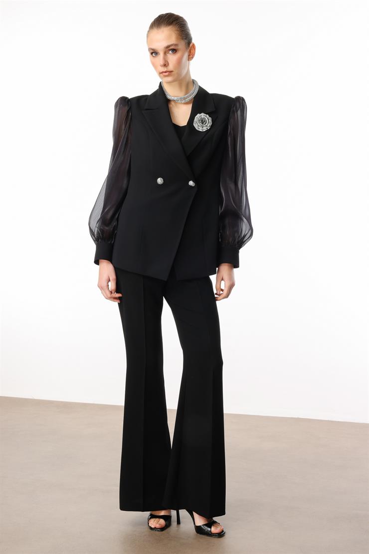 Modailgi  Yakası Gül Broşlu Kolları Organze Ceket Siyah