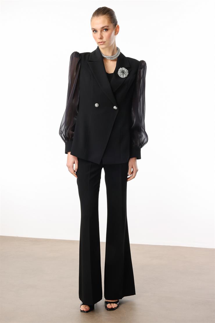 Modailgi  Yakası Gül Broşlu Kolları Organze Ceket Siyah