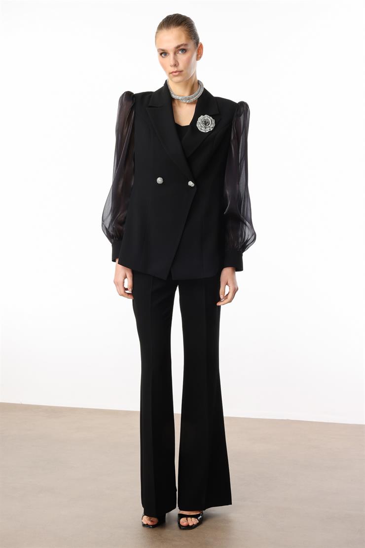 Modailgi  Yakası Gül Broşlu Kolları Organze Ceket Siyah