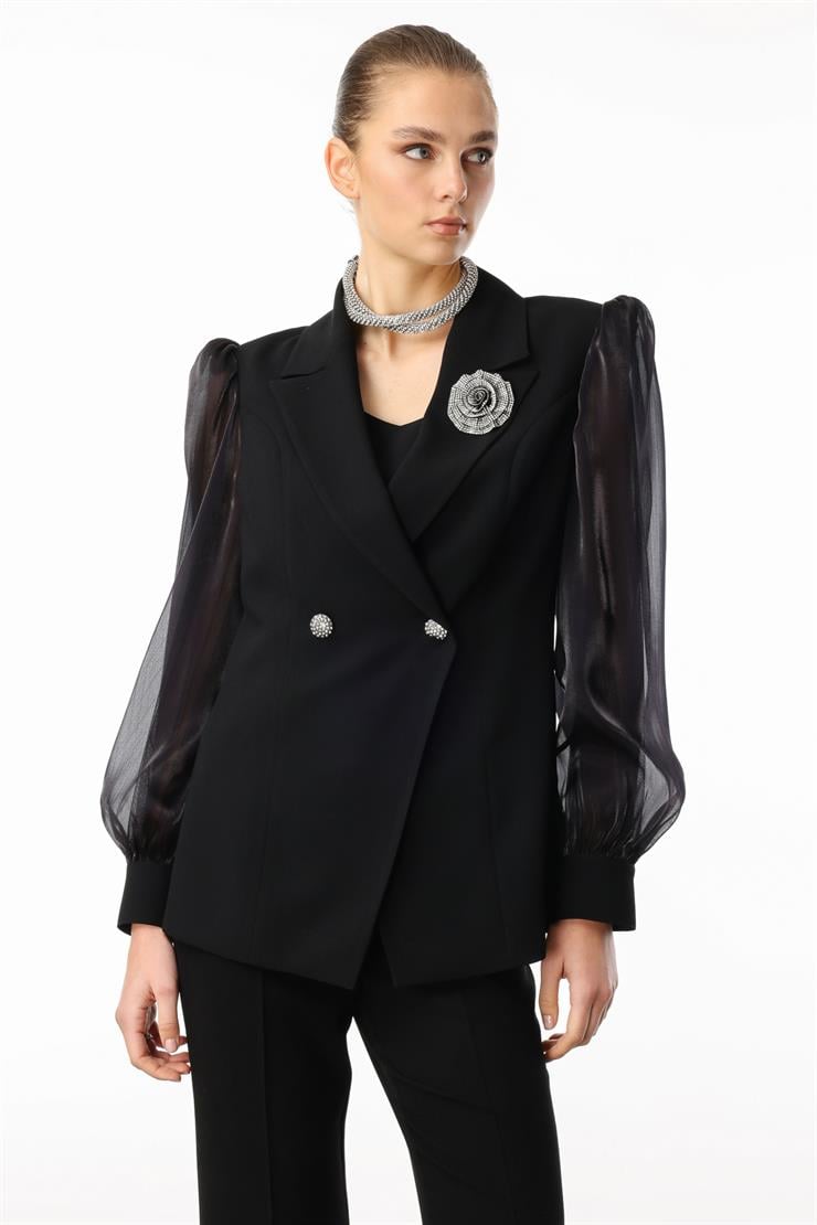 Modailgi  Yakası Gül Broşlu Kolları Organze Ceket Siyah