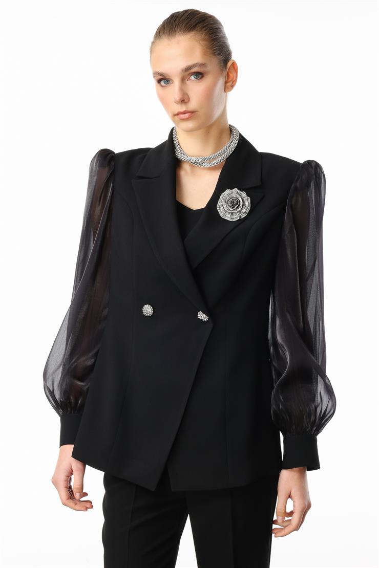 Modailgi  Yakası Gül Broşlu Kolları Organze Ceket Siyah