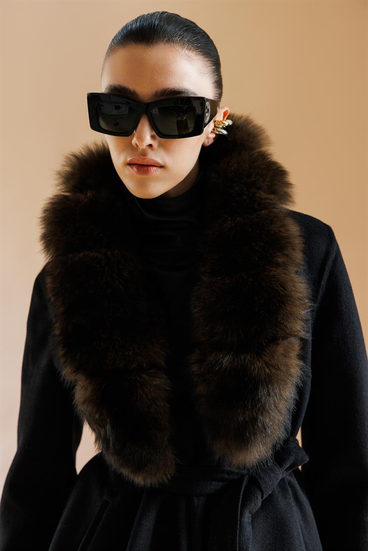 Modailgi  Yakası Kürklü Belden Kuşaklı Alpaca Kaban Siyah