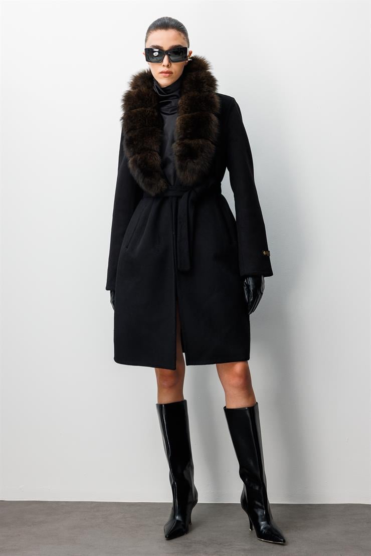 Modailgi  Yakası Kürklü Belden Kuşaklı Alpaca Kaban Siyah