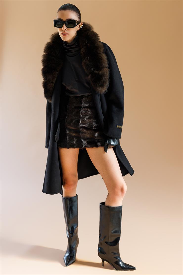 Modailgi  Yakası Kürklü Belden Kuşaklı Alpaca Kaban Siyah