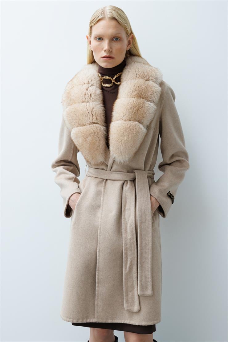 Modailgi  Yakası Kürklü Belden Kuşaklı Alpaca Kaban Taş