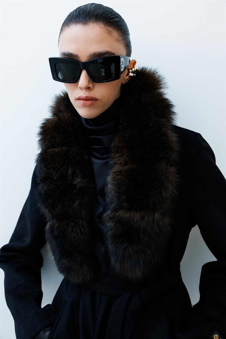 Modailgi  Yakası Kürklü Belden Kuşaklı Alpaca Kaban Siyah