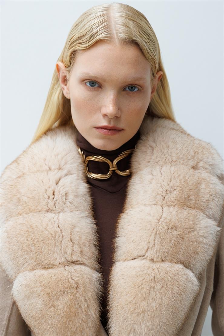 Modailgi  Yakası Kürklü Belden Kuşaklı Alpaca Kaban Taş