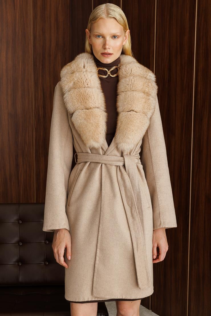 Modailgi  Yakası Kürklü Belden Kuşaklı Alpaca Kaban Taş