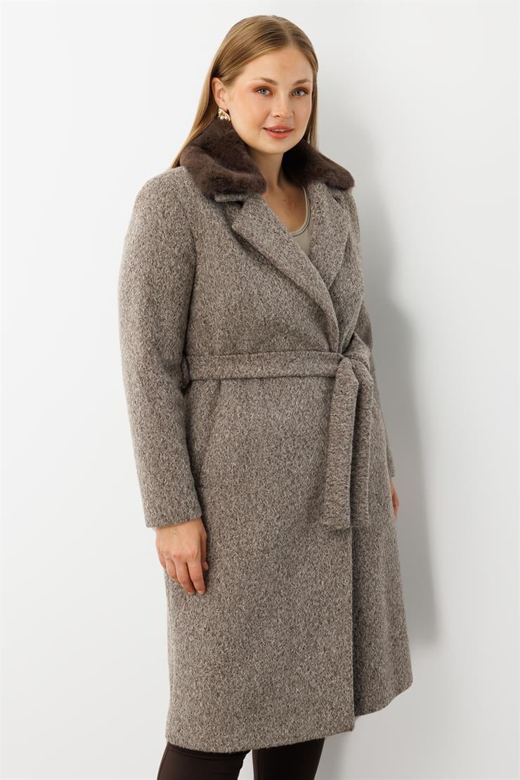 Modailgi  Yakası Kürklü Kırçıllı Uzun Kaşe Kaban Vizon