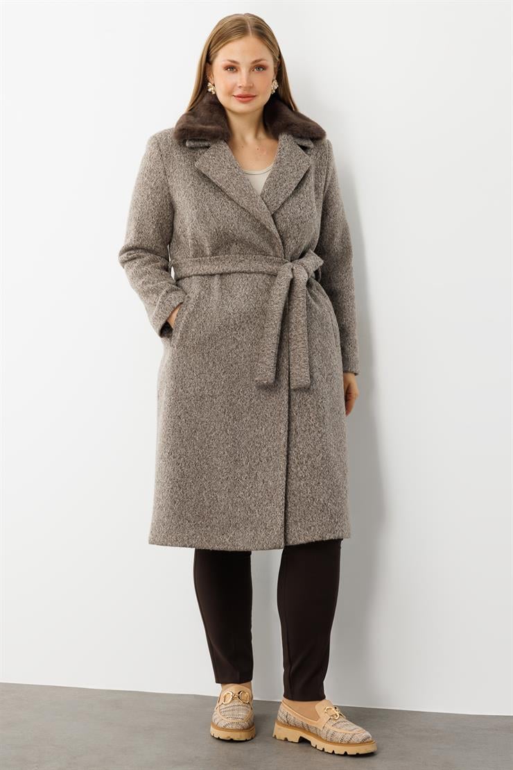 Modailgi  Yakası Kürklü Kırçıllı Uzun Kaşe Kaban Vizon