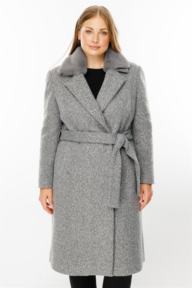 Modailgi  Yakası Kürklü Kırçıllı Uzun Kaşe Kaban Gri