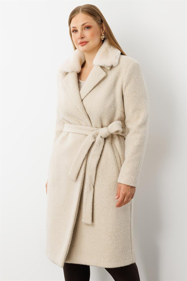 Modailgi  Yakası Kürklü Kırçıllı Uzun Kaşe Kaban Kemik