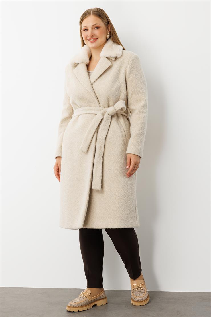 Modailgi  Yakası Kürklü Kırçıllı Uzun Kaşe Kaban Kemik