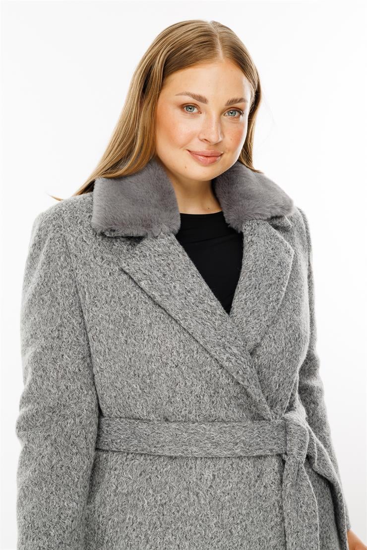 Modailgi  Yakası Kürklü Kırçıllı Uzun Kaşe Kaban Gri