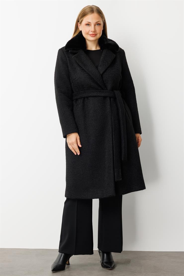 Modailgi  Yakası Kürklü Kırçıllı Uzun Kaşe Kaban Siyah