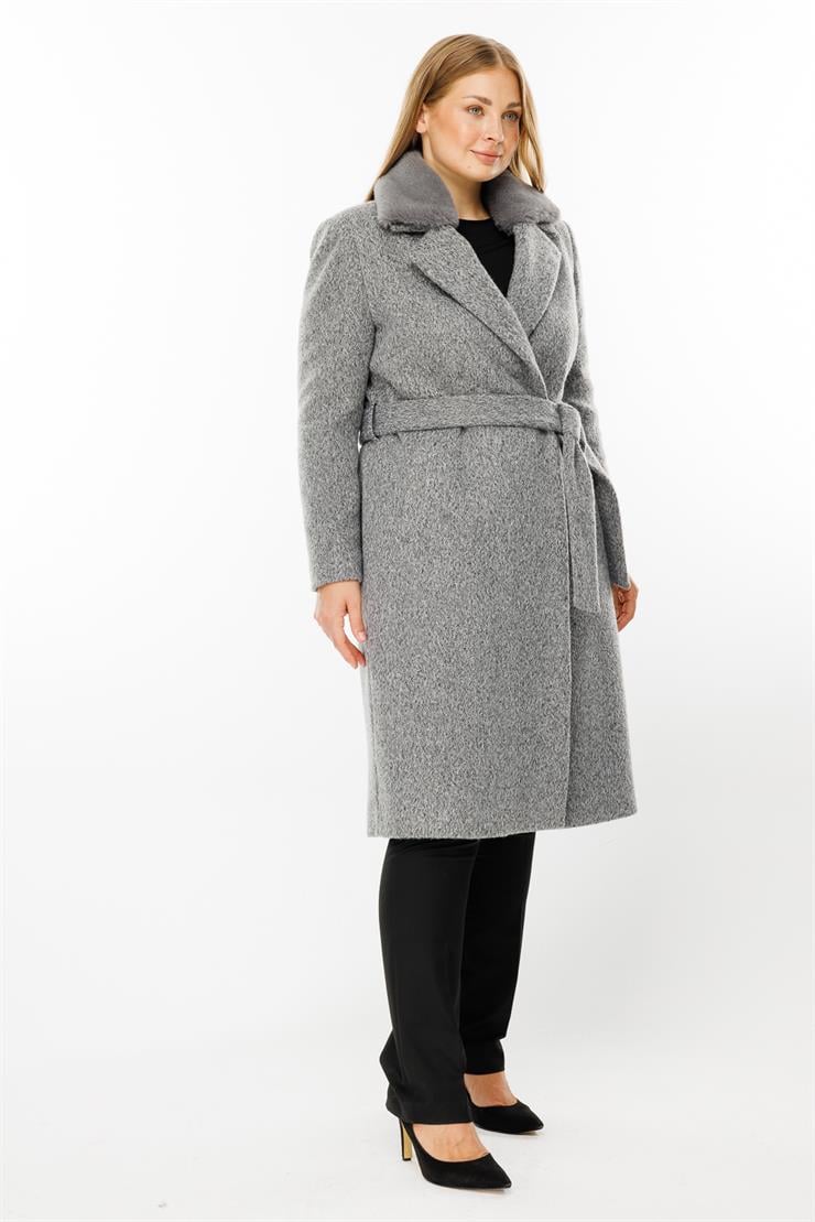 Modailgi  Yakası Kürklü Kırçıllı Uzun Kaşe Kaban Gri