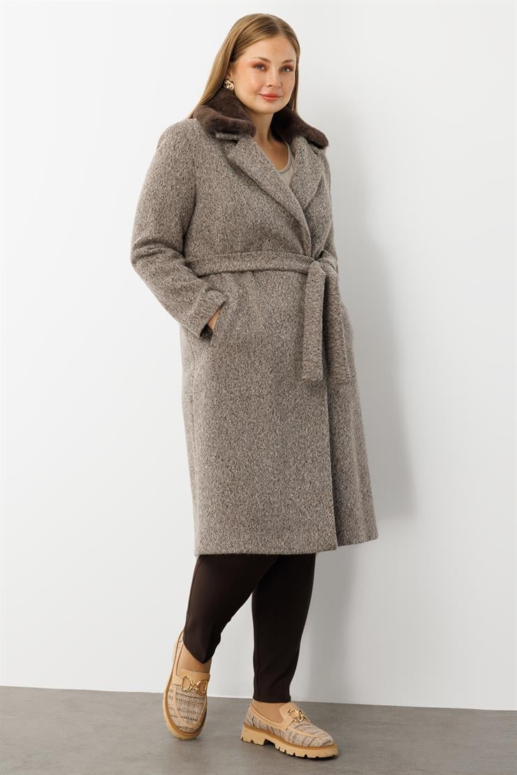 Modailgi  Yakası Kürklü Kırçıllı Uzun Kaşe Kaban Vizon