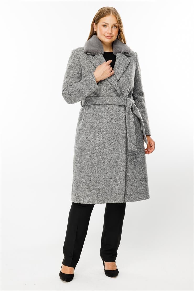 Modailgi  Yakası Kürklü Kırçıllı Uzun Kaşe Kaban Gri