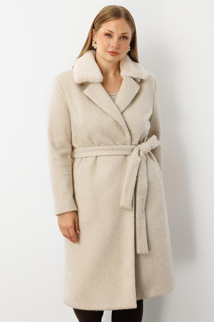 Modailgi  Yakası Kürklü Kırçıllı Uzun Kaşe Kaban Kemik