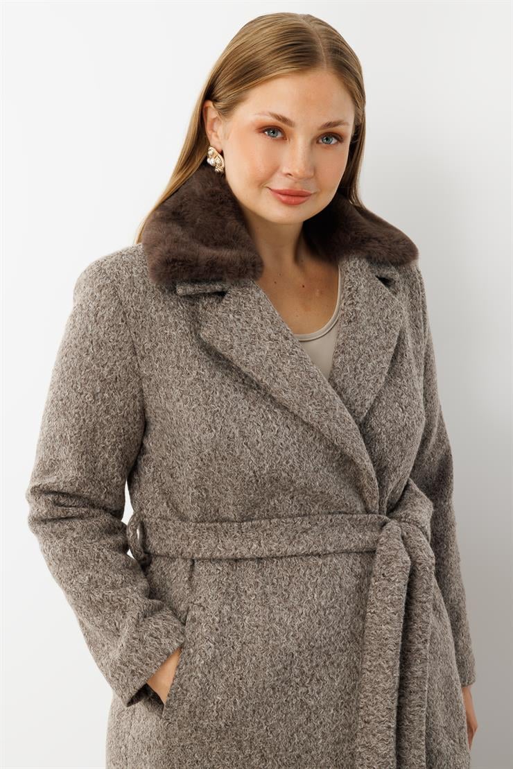 Modailgi  Yakası Kürklü Kırçıllı Uzun Kaşe Kaban Vizon