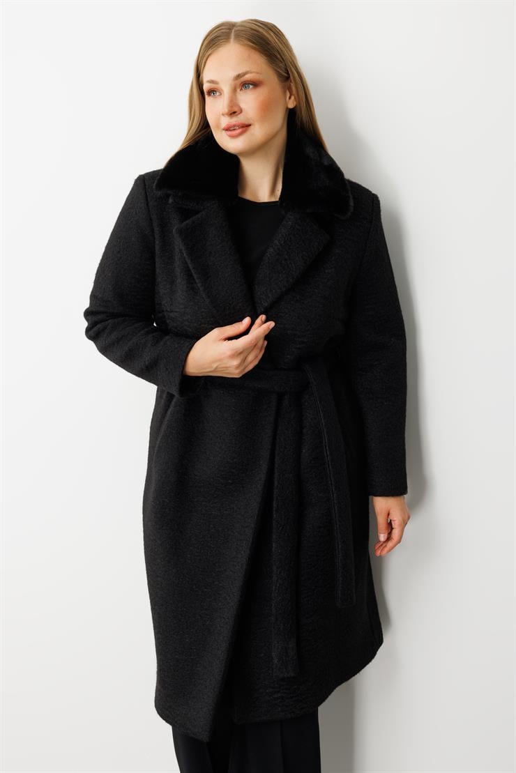 Modailgi  Yakası Kürklü Kırçıllı Uzun Kaşe Kaban Siyah